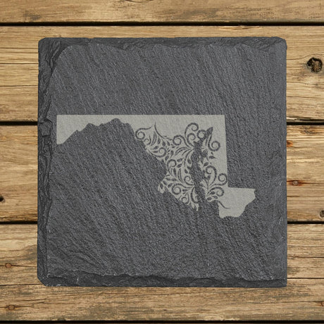 Maryland square slate coaster engraved with the state shape in ornate floral scrollwork