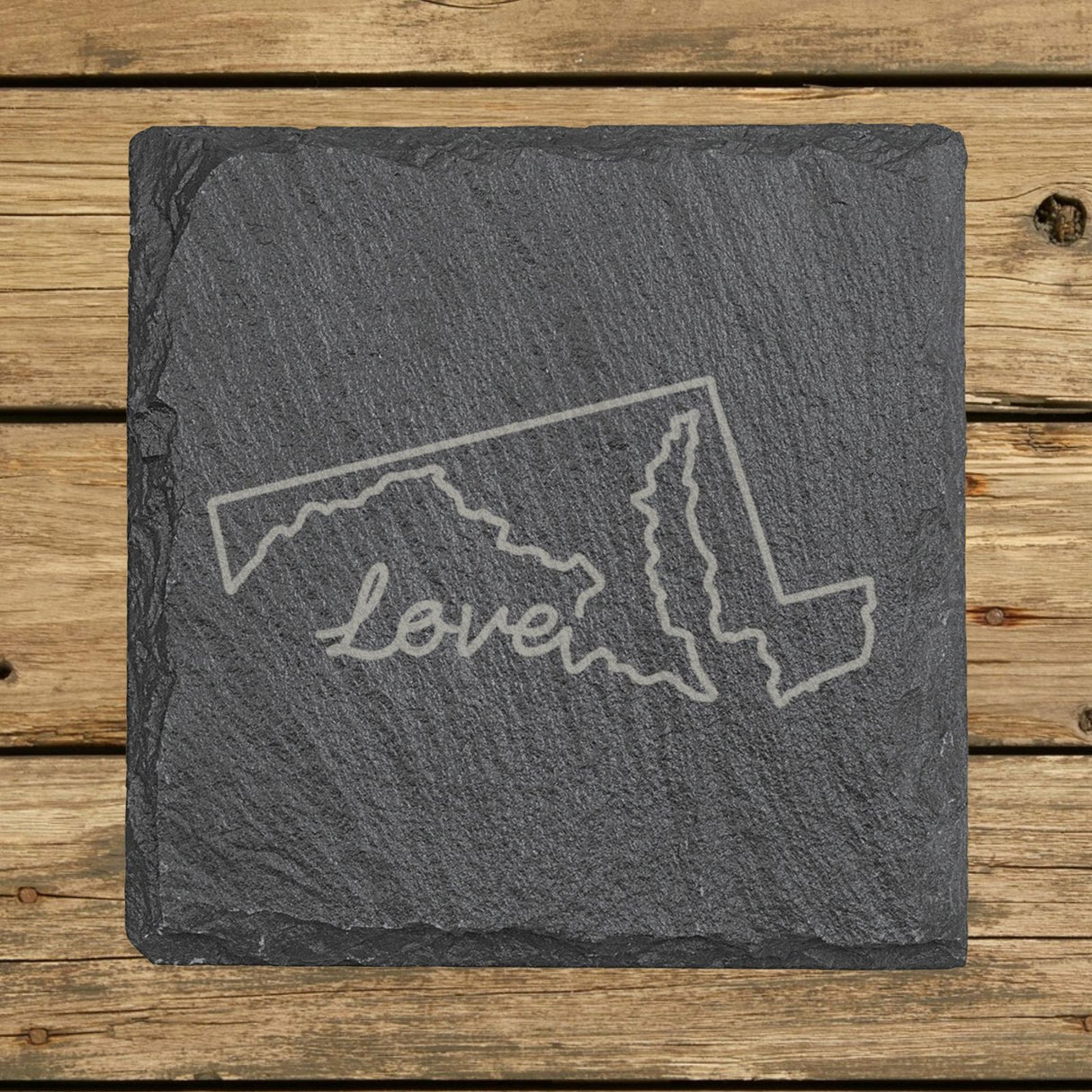 Maryland square slate coaster engraved with a hand-drawn state outline and love in cursive