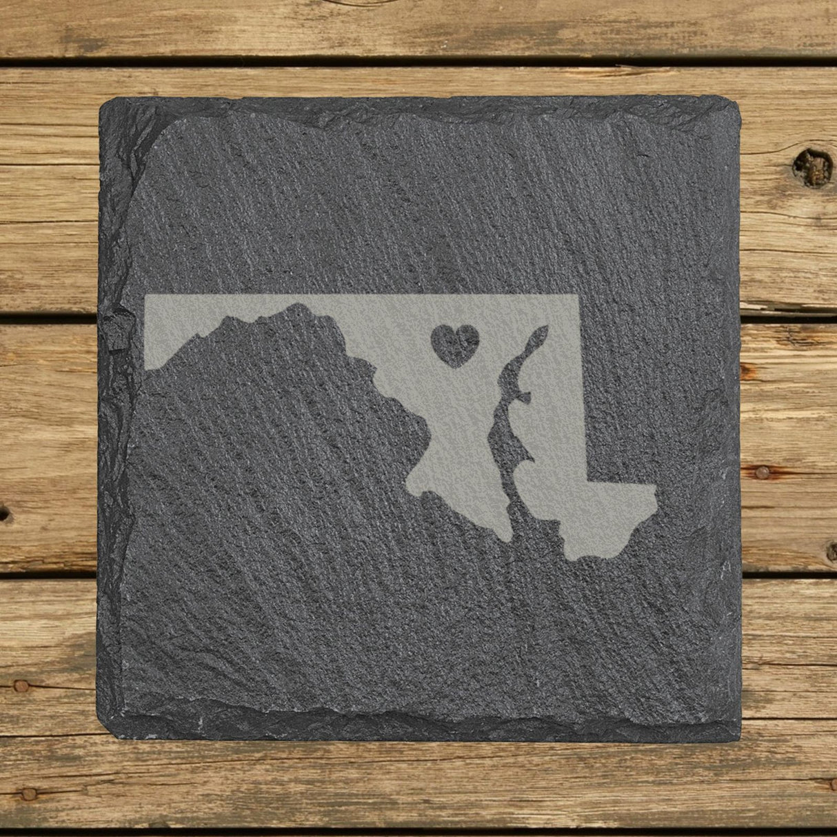 Maryland square slate coaster engraved with the state shape and a heart