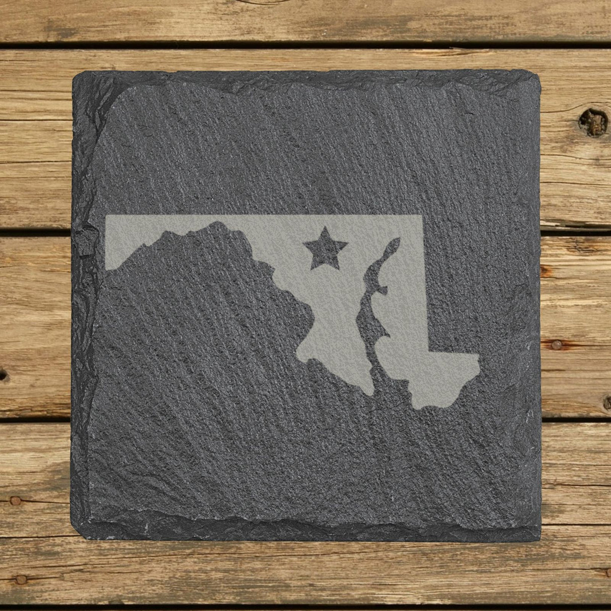 Maryland square slate coaster engraved with the state shape and a star