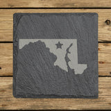 Maryland square slate coaster engraved with the state shape and a star