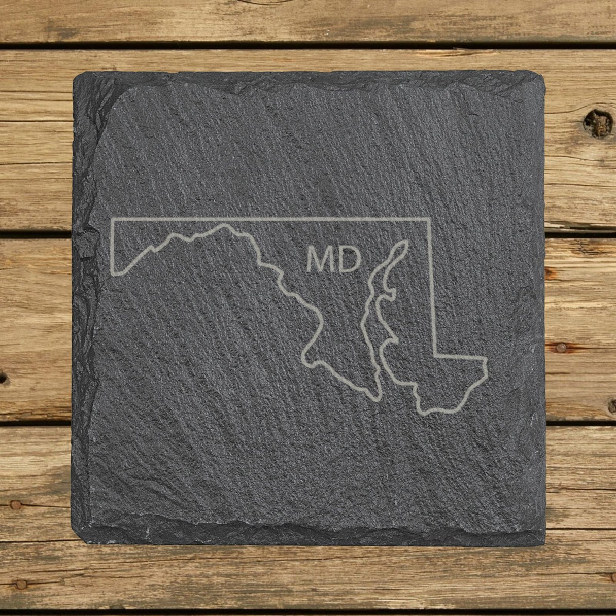 Maryland square slate coaster engraved with the state outline and MD initials