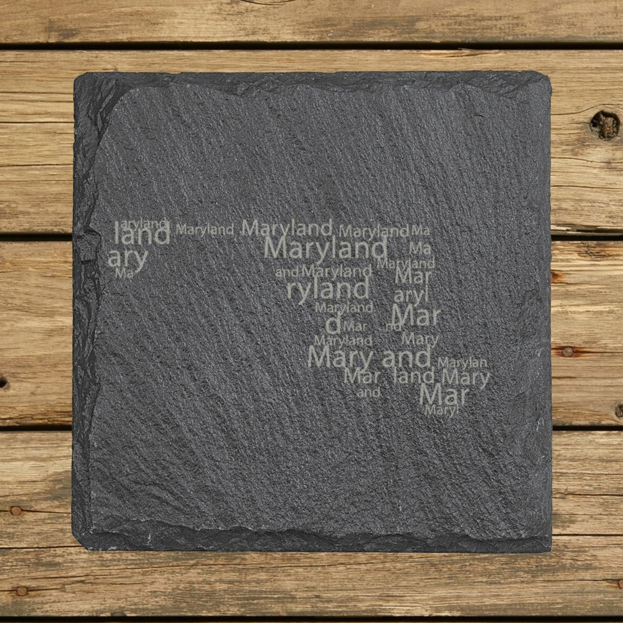 Maryland square slate coaster engraved with a word cloud of repeating Maryland text