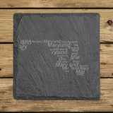 Maryland square slate coaster engraved with a word cloud of repeating Maryland text