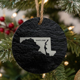 Maryland round slate Christmas ornament engraved with the state shape and MARYLAND in bold lettering
