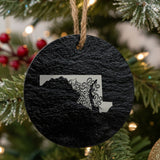 Maryland round slate Christmas ornament engraved with the state shape in ornate floral scrollwork