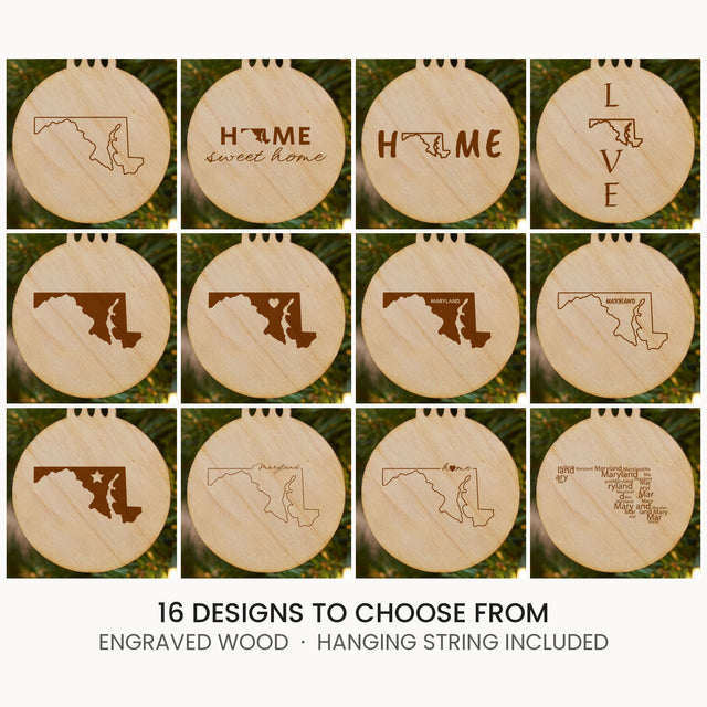 Maryland wood Christmas ornament, laser engraved natural wood