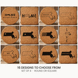 Massachusetts cork coaster set, laser engraved natural cork