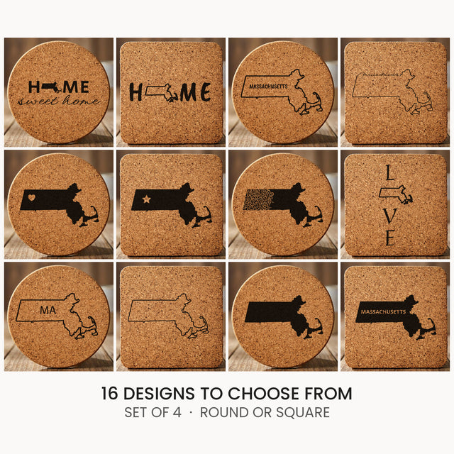 Massachusetts cork coaster set, laser engraved natural cork