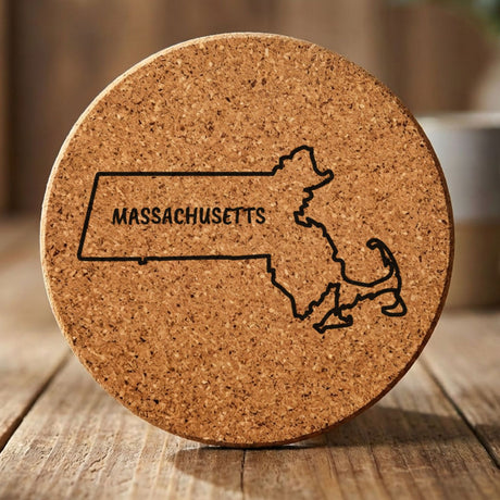 Massachusetts round cork coaster engraved with the state outline and MASSACHUSETTS in hand-drawn brush lettering