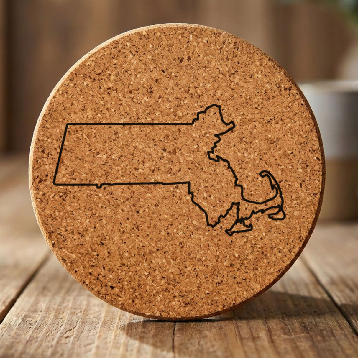 Massachusetts round cork coaster engraved with a clean state outline