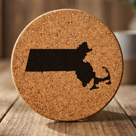 Massachusetts round cork coaster with the full state shape engraved