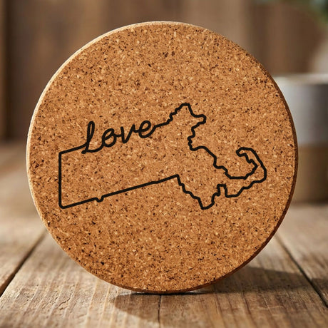 Massachusetts round cork coaster engraved with a hand-drawn state outline and love in cursive