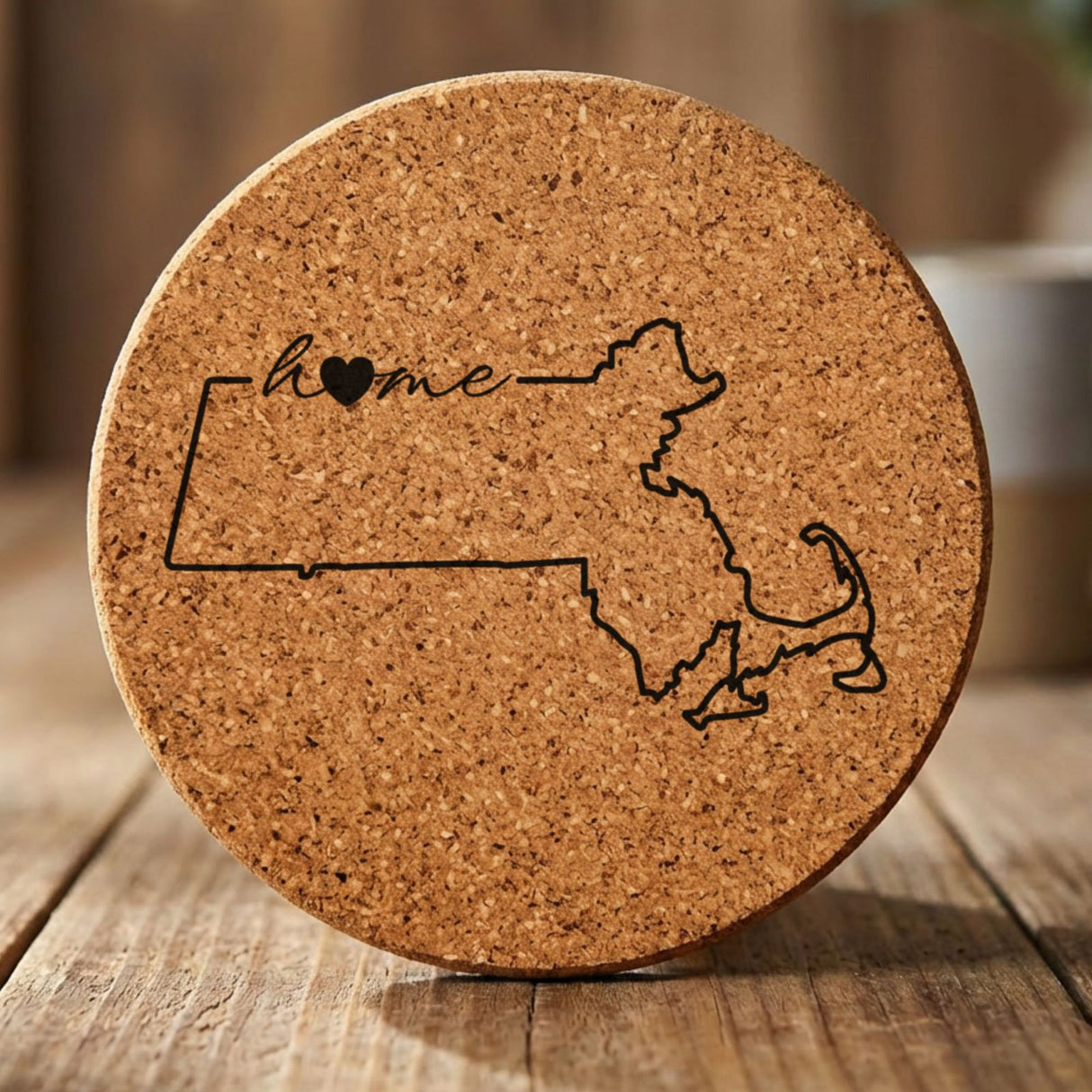 Massachusetts round cork coaster engraved with the state outline and home in script with a heart