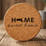 Massachusetts round cork coaster engraved with HOME sweet home using the state shape as the letter O