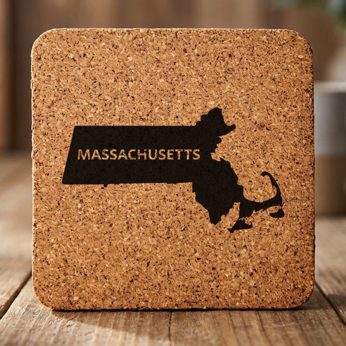 Massachusetts square cork coaster engraved with the state shape and MASSACHUSETTS in bold lettering