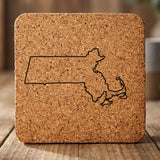 Massachusetts square cork coaster engraved with a clean state outline
