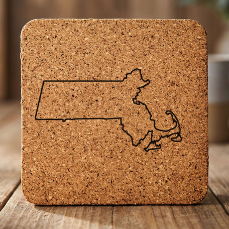 Massachusetts square cork coaster engraved with a clean state outline