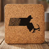 Massachusetts square cork coaster engraved with the state shape in ornate floral scrollwork