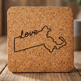 Massachusetts square cork coaster engraved with a hand-drawn state outline and love in cursive