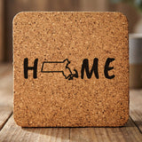 Massachusetts square cork coaster engraved with HOME using the state outline as the letter O