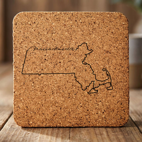 Massachusetts square cork coaster engraved with the state outline and Massachusetts in script lettering