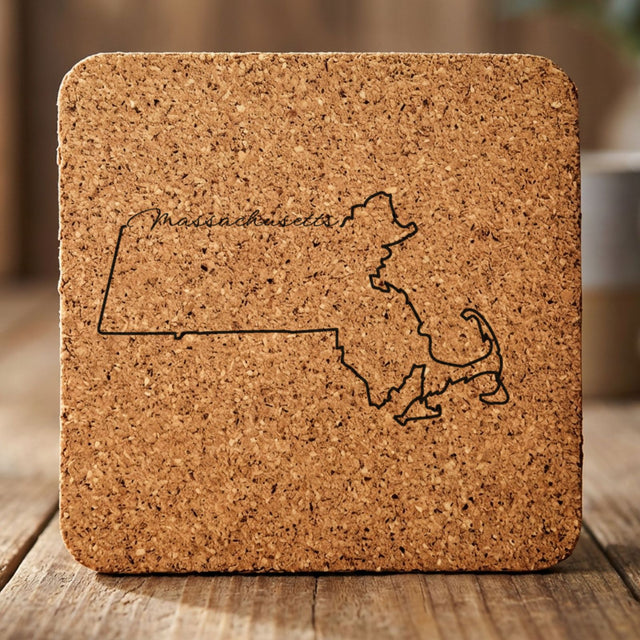 Massachusetts square cork coaster engraved with the state outline and Massachusetts in script lettering