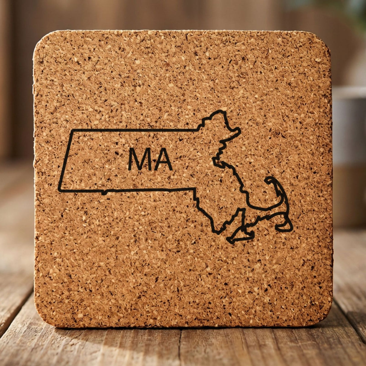 Massachusetts square cork coaster engraved with the state outline and MA initials