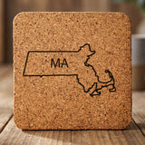 Massachusetts square cork coaster engraved with the state outline and MA initials