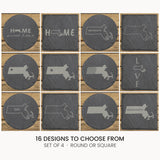Massachusetts slate coaster set, laser engraved natural stone