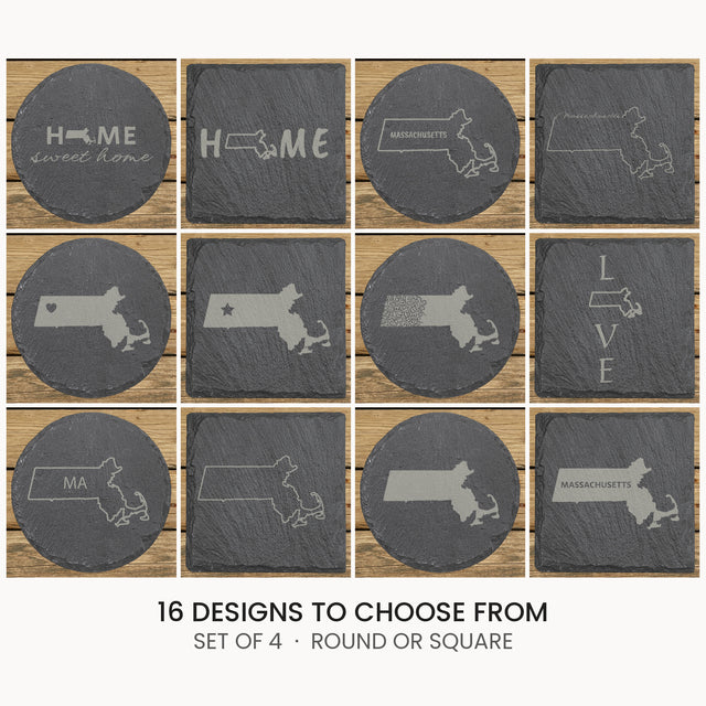 Massachusetts slate coaster set, laser engraved natural stone