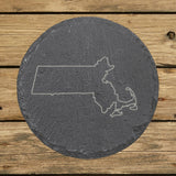 Massachusetts round slate coaster engraved with a clean state outline