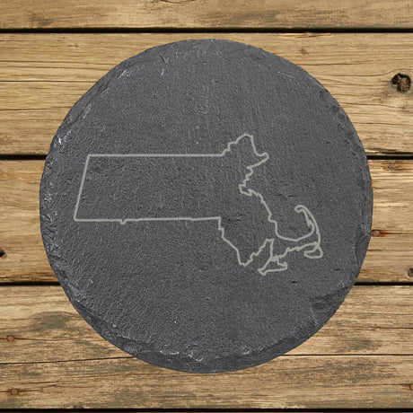 Massachusetts round slate coaster engraved with a clean state outline