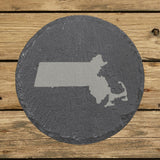 Massachusetts round slate coaster with the full state shape engraved