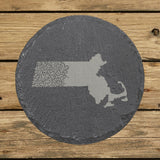 Massachusetts round slate coaster engraved with the state shape in ornate floral scrollwork