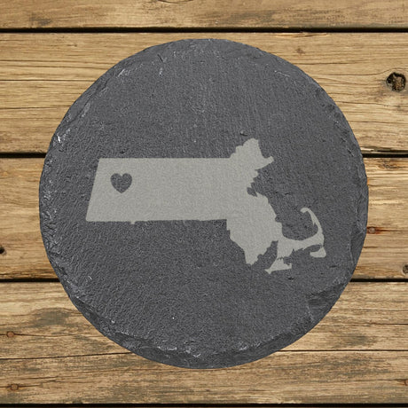 Massachusetts round slate coaster engraved with the state shape and a heart