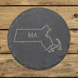 Massachusetts round slate coaster engraved with the state outline and MA initials