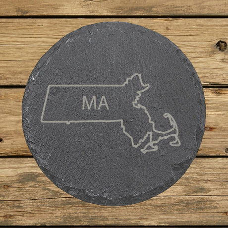 Massachusetts round slate coaster engraved with the state outline and MA initials