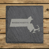 Massachusetts square slate coaster engraved with the state shape and MASSACHUSETTS in bold lettering