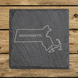 Massachusetts square slate coaster engraved with the state outline and MASSACHUSETTS in hand-drawn brush lettering