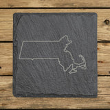 Massachusetts square slate coaster engraved with a clean state outline