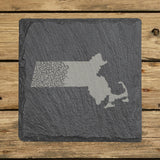 Massachusetts square slate coaster engraved with the state shape in ornate floral scrollwork