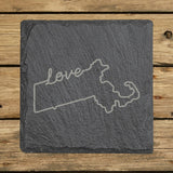 Massachusetts square slate coaster engraved with a hand-drawn state outline and love in cursive