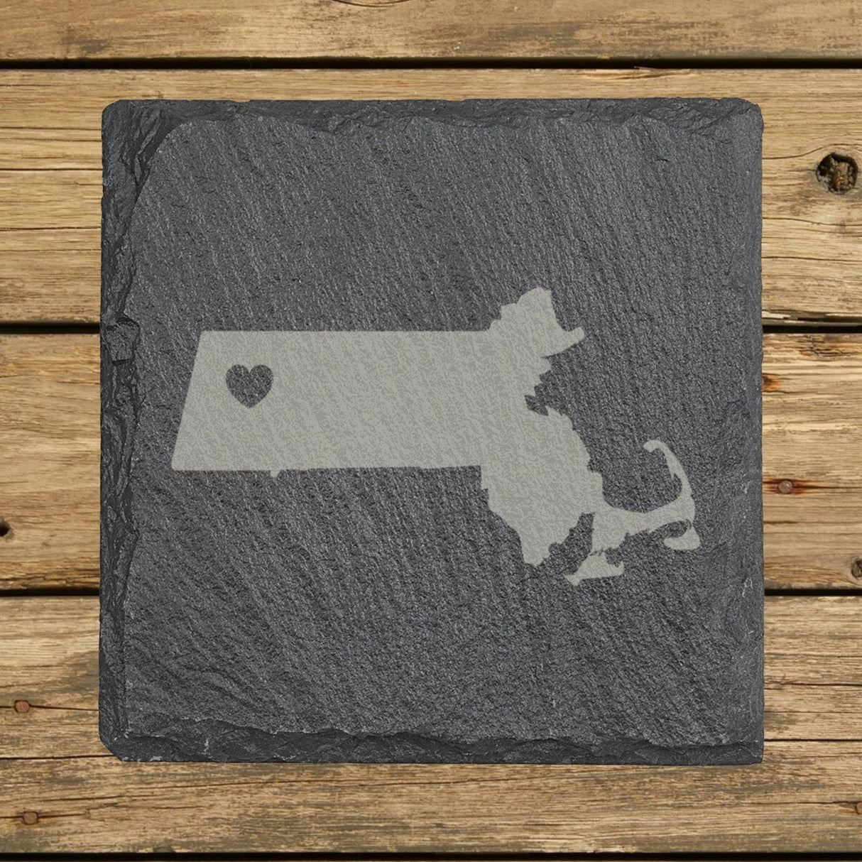 Massachusetts square slate coaster engraved with the state shape and a heart