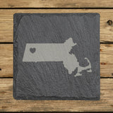 Massachusetts square slate coaster engraved with the state shape and a heart