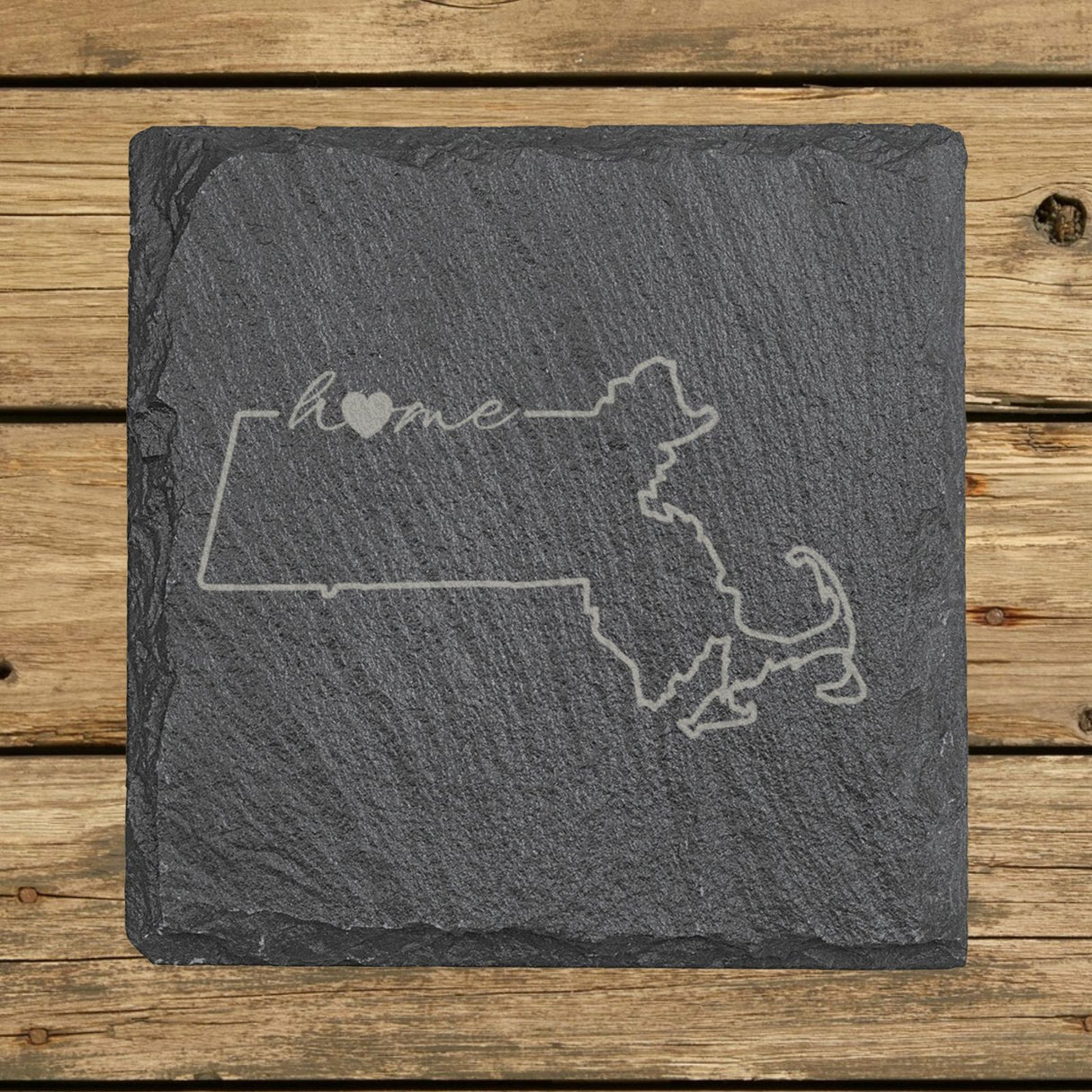 Massachusetts square slate coaster engraved with the state outline and home in script with a heart