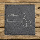 Massachusetts square slate coaster engraved with the state outline and home in script with a heart