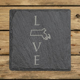 Massachusetts square slate coaster engraved with LOVE stacked vertically using the state as the letter O