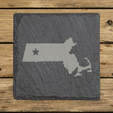 Massachusetts square slate coaster engraved with the state shape and a star
