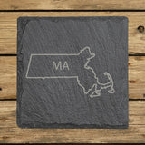 Massachusetts square slate coaster engraved with the state outline and MA initials